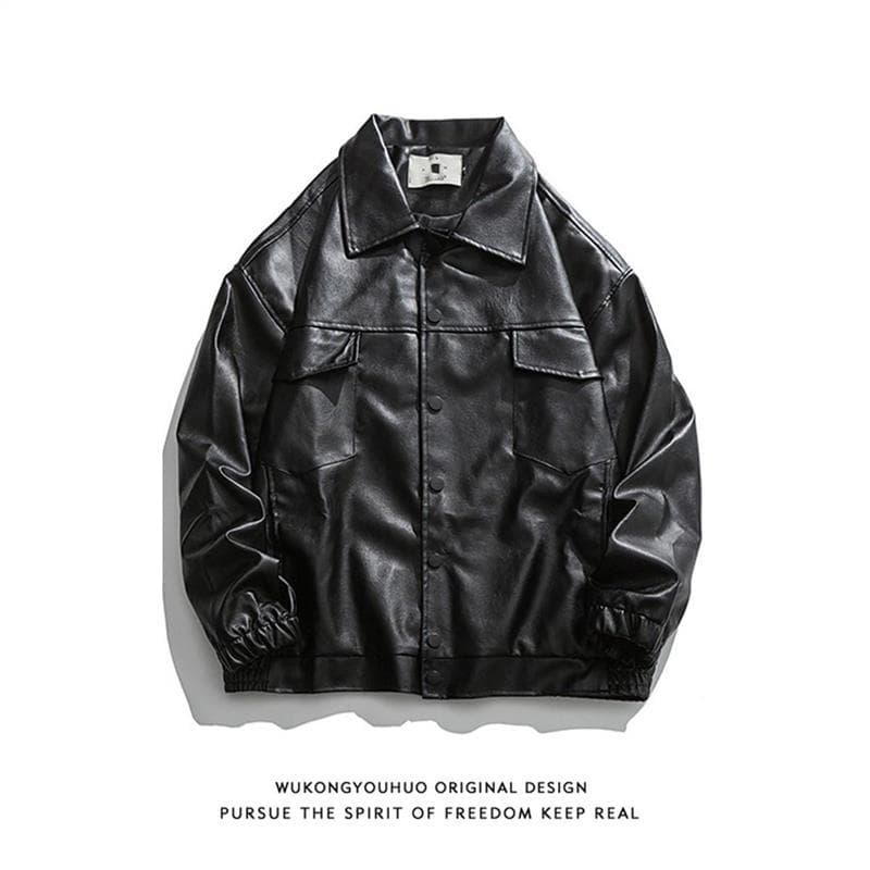 American-style retro PU leather jacket for men, trendy motorcycle style, Japanese street style loose casual leather jacket.