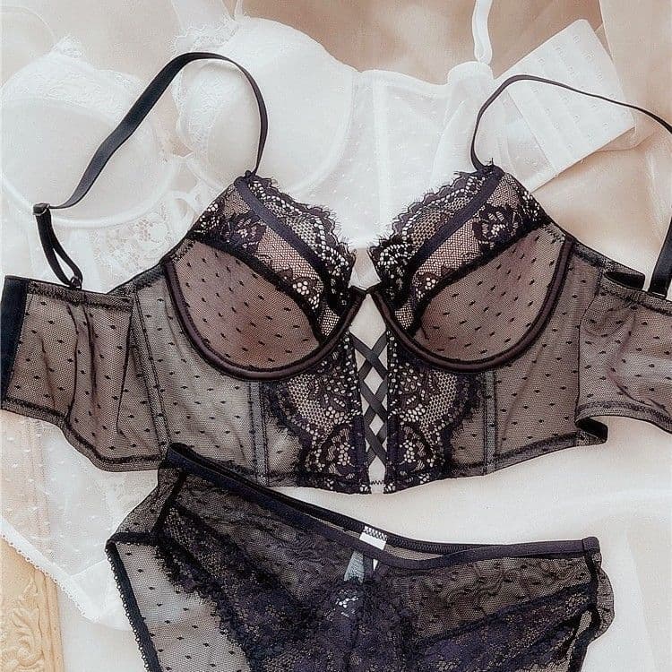 French-Style Women's Retro Lace Sexy Thin Cup Soft Underwire Push-Up Fishbone Shapewear Gathering Side Support Bra Set