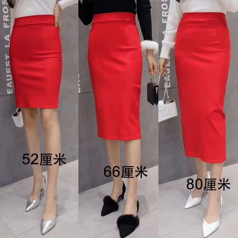 Knit Straight Pleated Skirt, Professional Pencil Skirt, High-Waist Stretch Nylon Cotton Roman Slit One-Step Skirt