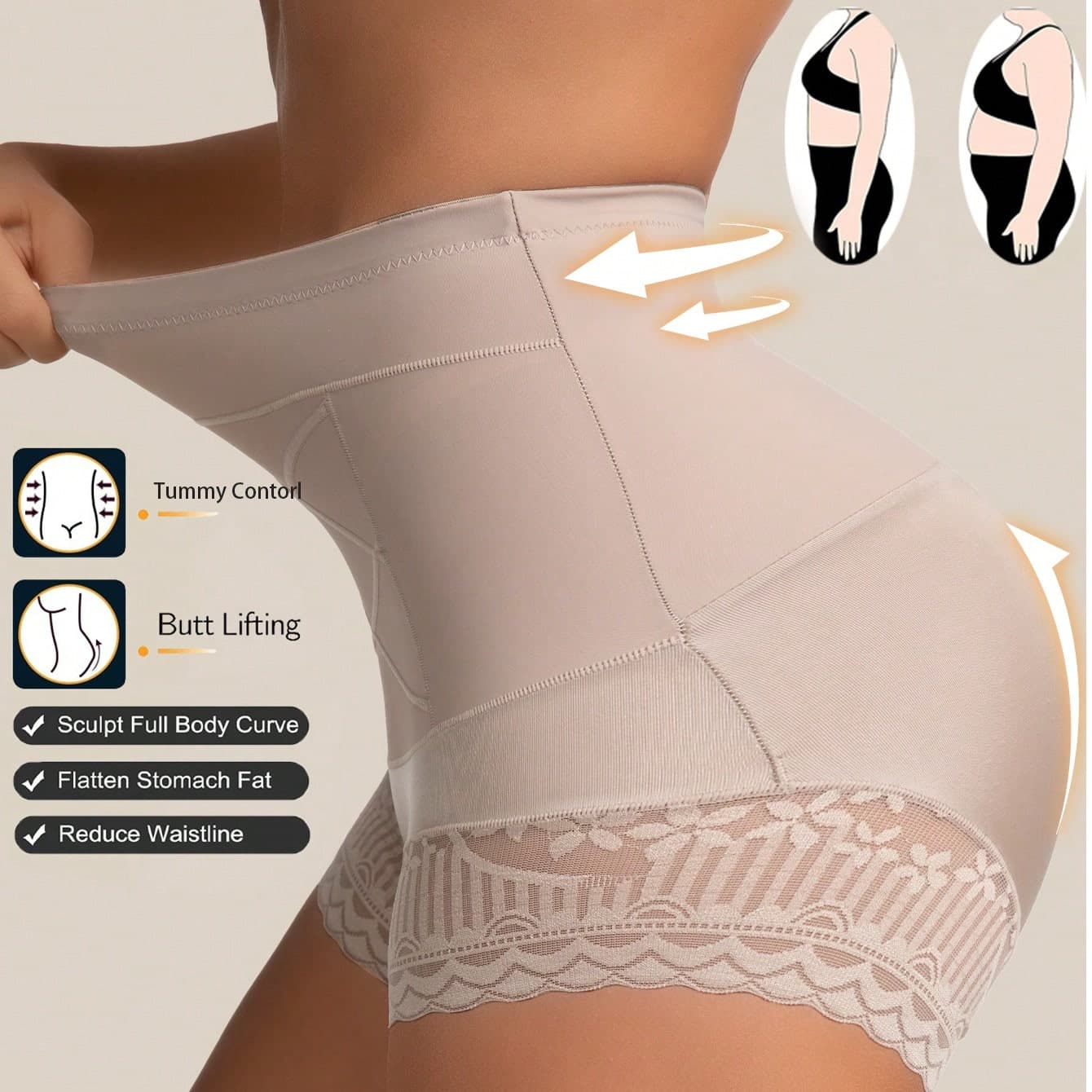 Women's Cross Bandage Waist Shaper Panty, Butt Lifting, Waist Slimming, Seamless, Cotton Crotch, Safety Shorts