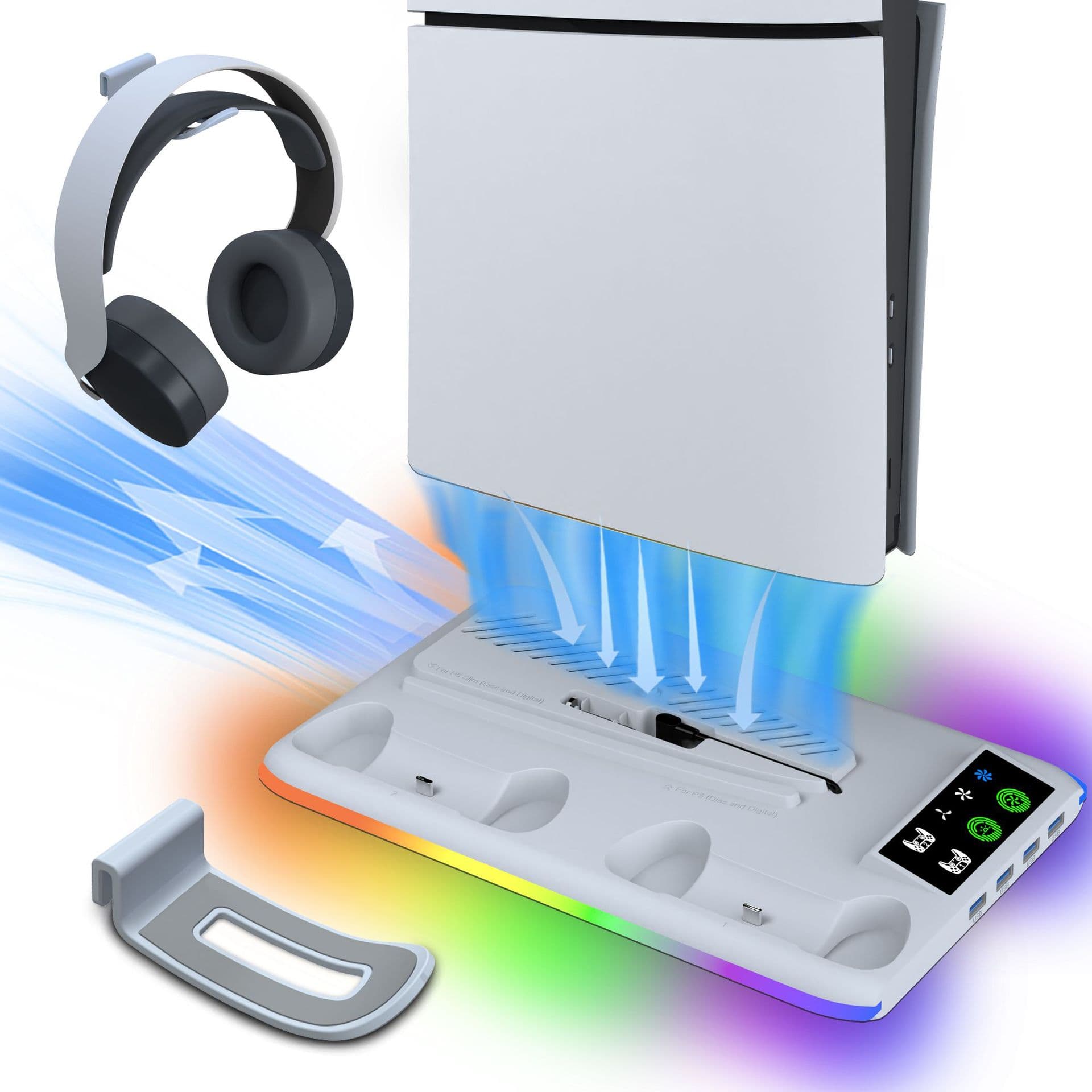 PS5 / PS5 Slim Universal Multifunctional Cooling Stand with RGB Light Strip, Dual Controller Charger, and Headphone Hook