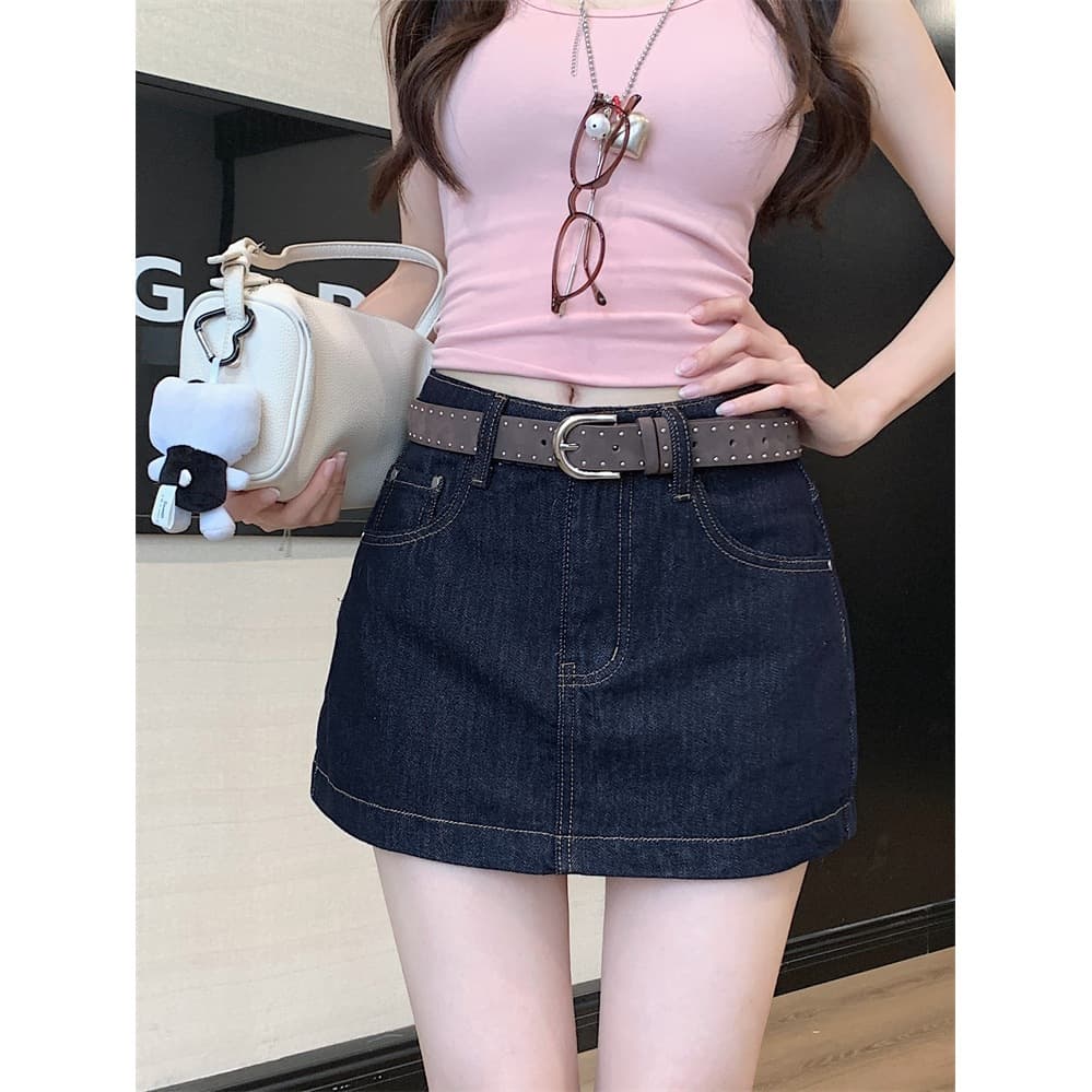 Real shot hot girl retro denim short skirt women's summer new high-waisted versatile anti-exposure A-line skirt pants hot pants 16181