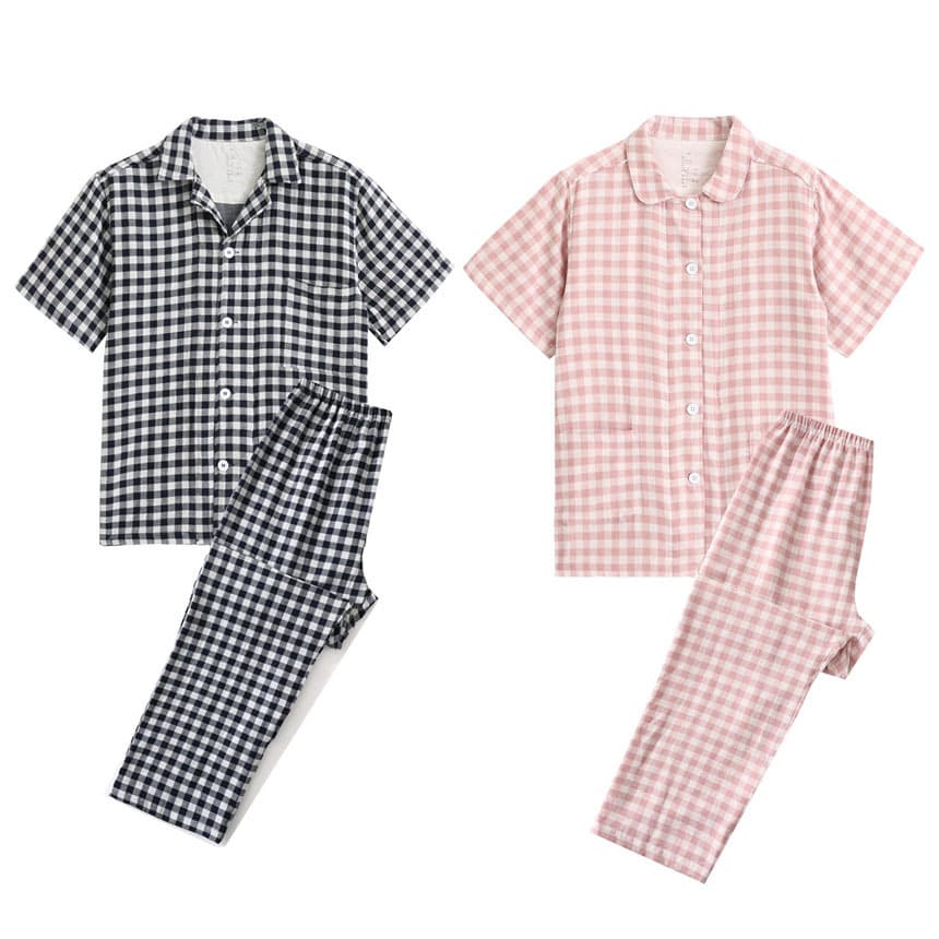 Slightly imperfect, no-print, high-quality pure cotton double-layer gauze pajama set for women, short sleeve top and long pants, pure cotton summer couple loungewear