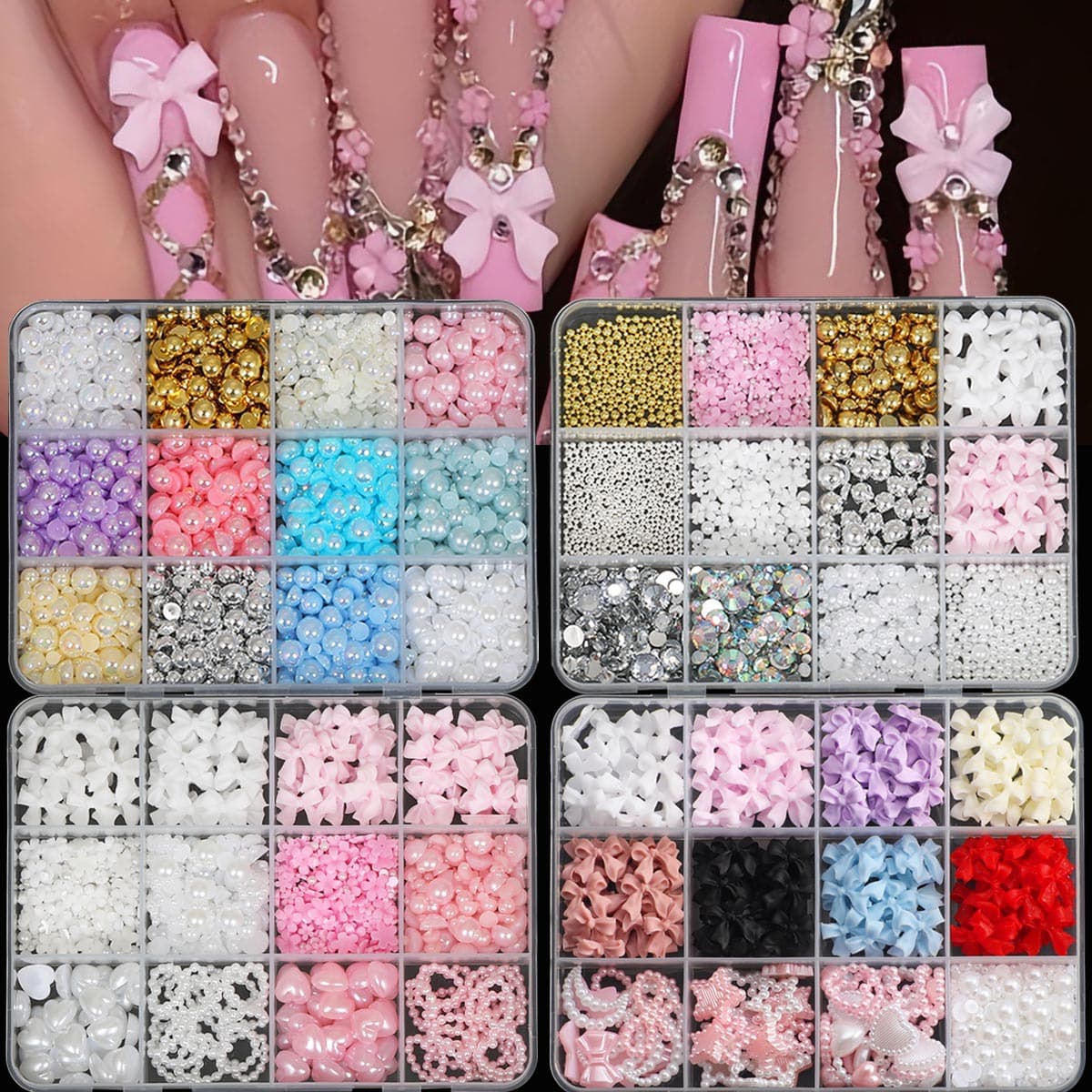 Wholesale Nail Art Decoration Bow Pearl Heart Butterfly Rhinestone Pearl Mixed Set Box Nail Decoration Diamond Accessories