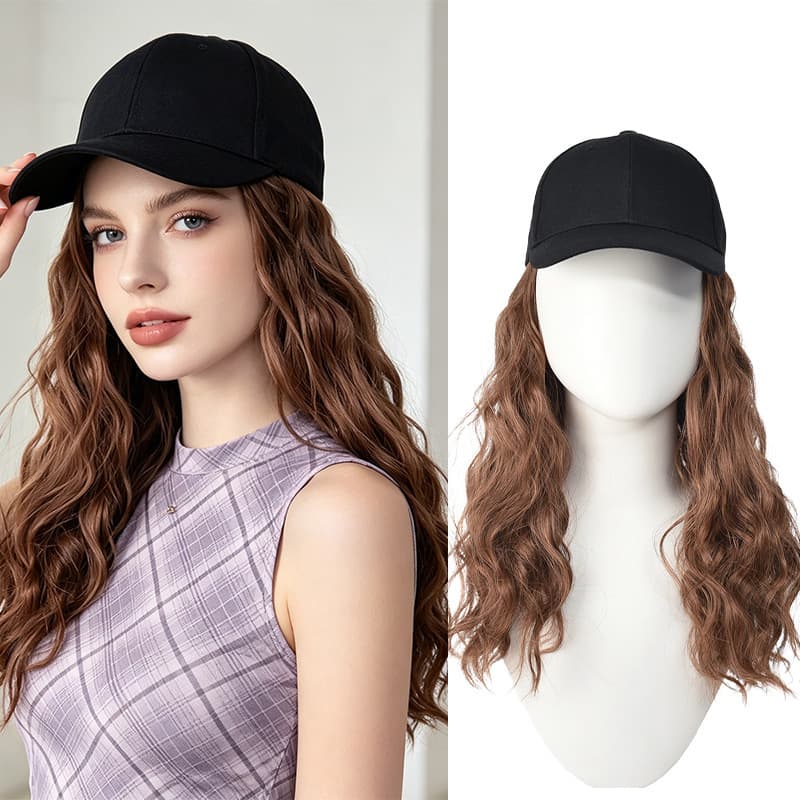 Hat wig one-piece black baseball cap long curly hair full headgear high temperature silk water ripple curly hair wig cap