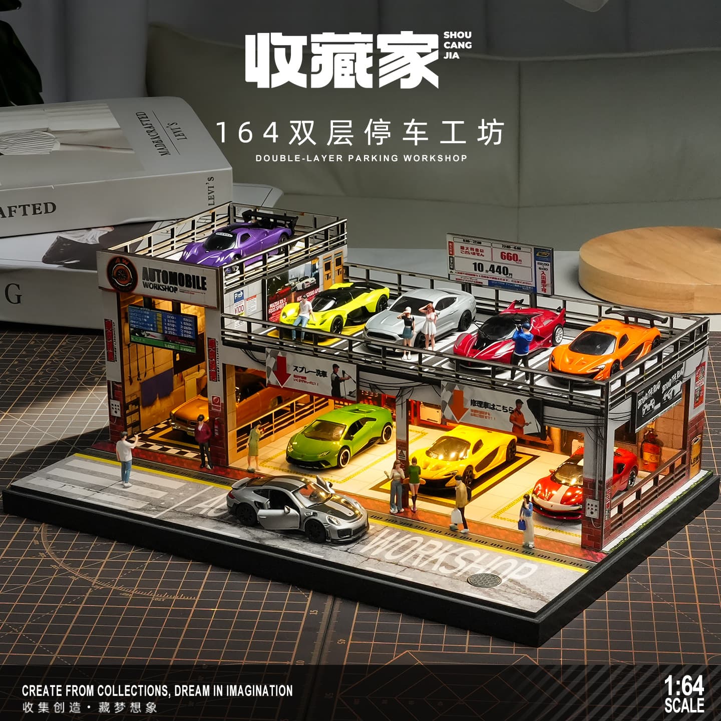 1/64 Parking Lot Garage Model Assembly Scene Display Case Gift for Boys Storage Ornament with Light Drop Shipping