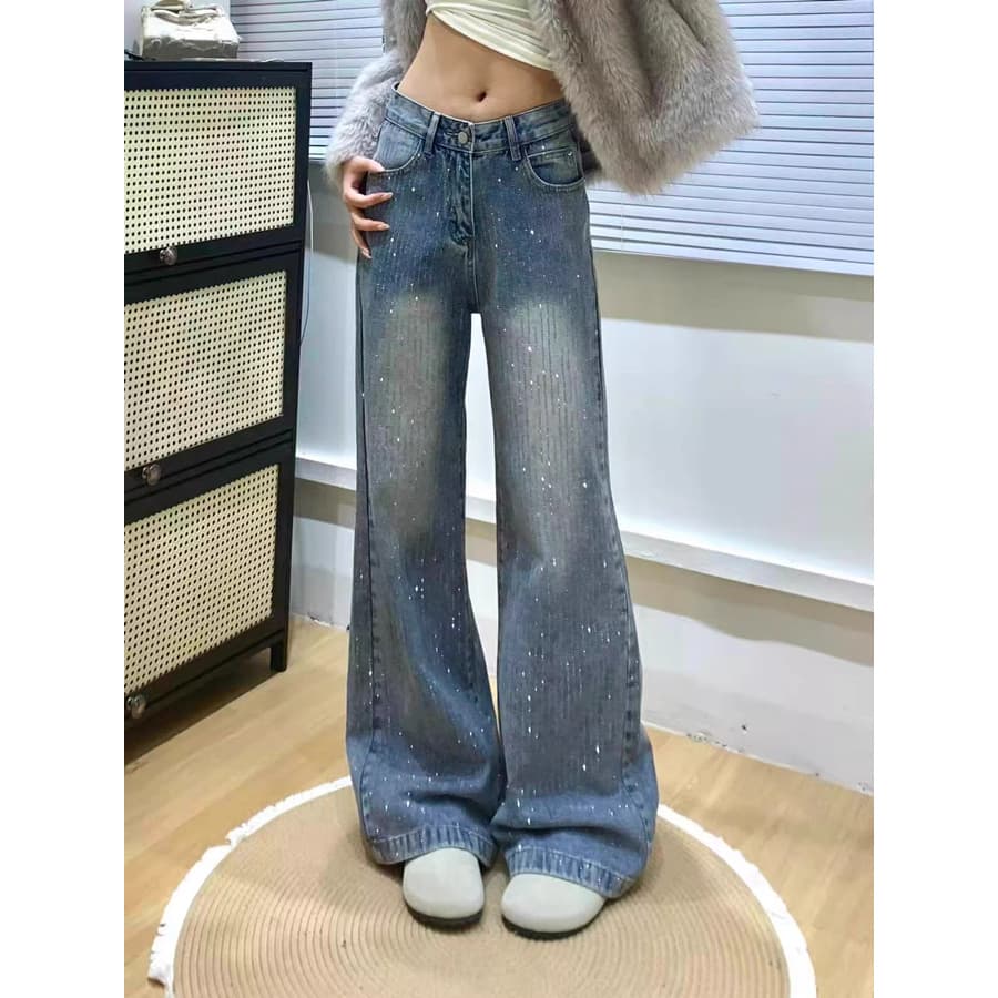 Plus Size Rhinestone-Covered Jeans for Women, Spring New Arrival, Pear-Shaped Body High-Waist Slimming Straight Wide-Leg Pants