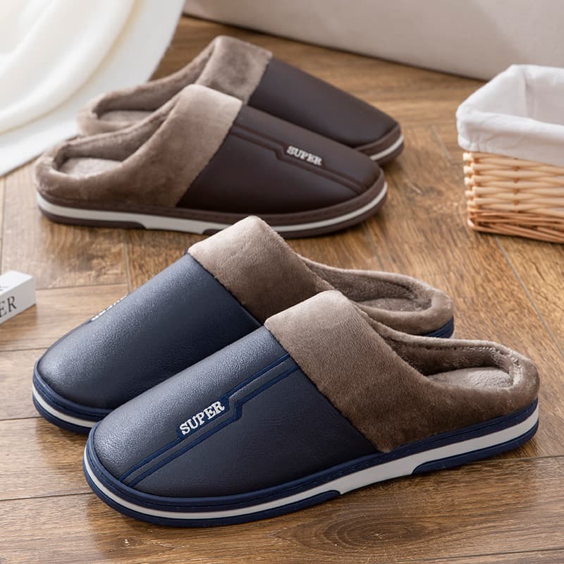 Men's Extra Large Size Winter Slippers, PU Leather, Waterproof, Thick Sole, Indoor Wear, Non-Slip, Warm Shoes, Sizes 47, 48, 49
