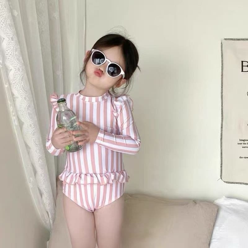 Girls Summer Swimsuit 2025 New Children's Cute Sun Protection One-Piece British Stripe Quick-Dry Long Sleeve Swimsuit