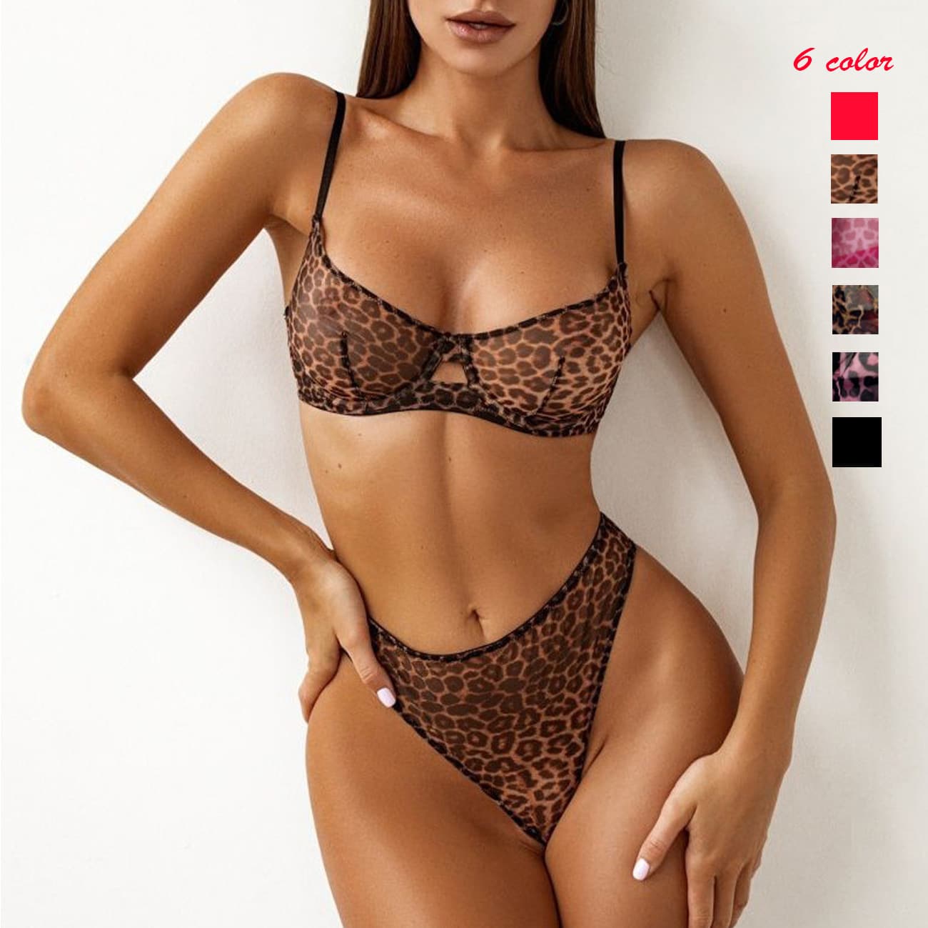 DIER Cross-border Sexy Leopard Print Lingerie French Bra Ultra-thin Mesh Sexy Set Sheer
