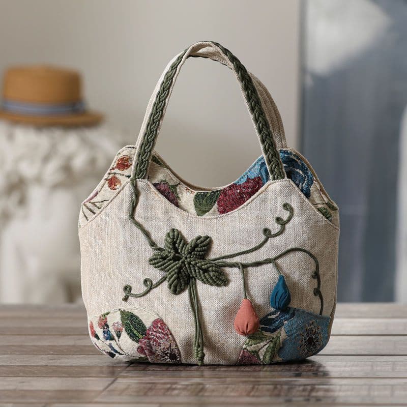 Ethnic Style Woven Tote Bag with Multiple Compartments, Gourd-Shaped Women's Bag, Casual Mother's Bag, Large Capacity 3D Canvas Handbag