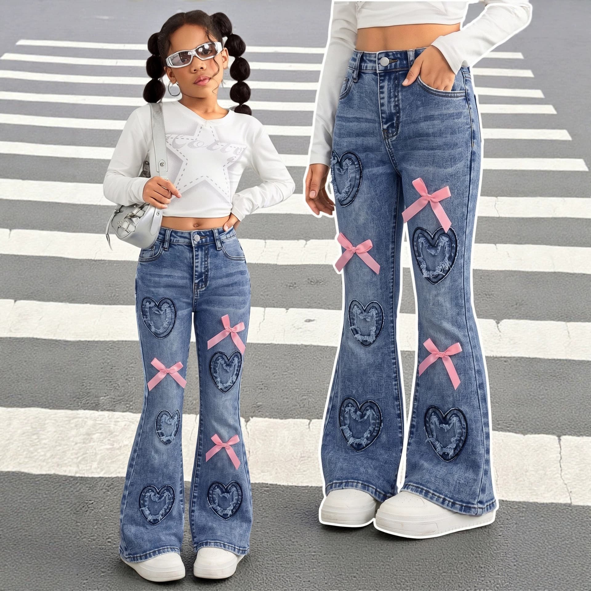 New Autumn/Winter Cross-Border Exclusive for Europe and America Amazon Kids Heart Embroidery Bow Decoration Flared Jeans