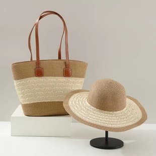 Factory Direct Hot-Selling Straw Woven Bag Two-Piece Set, Wide Brim Sun Hat for Women, Striped Shoulder Bag
