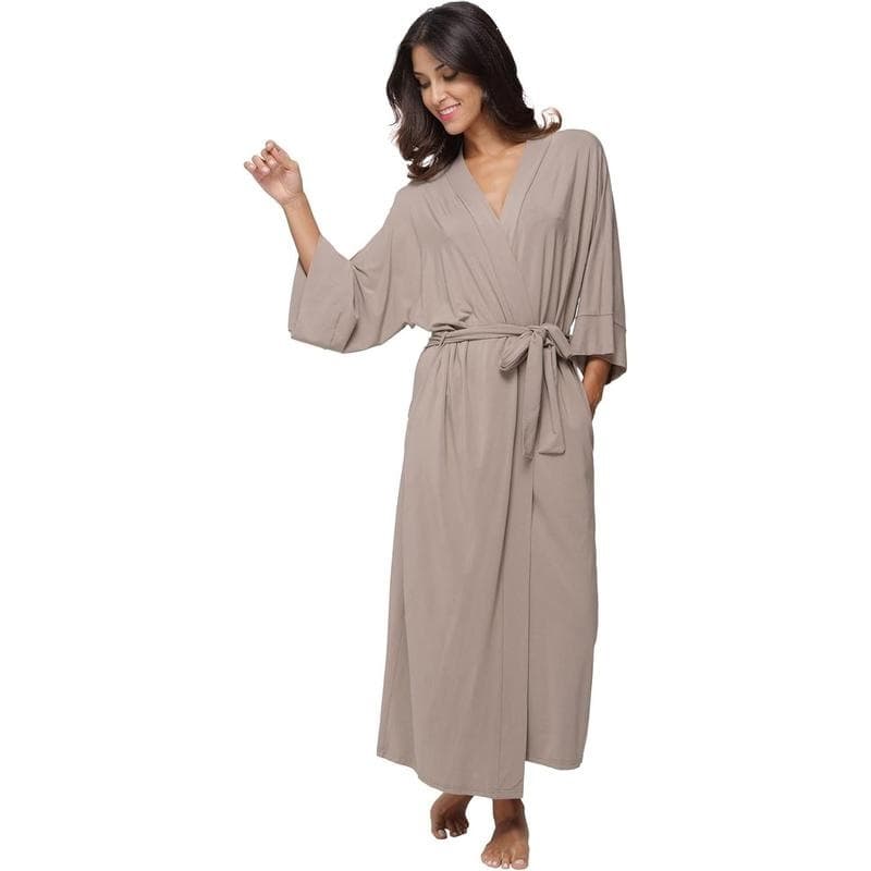 B 37028 V Neck Tie Waist Long Robe