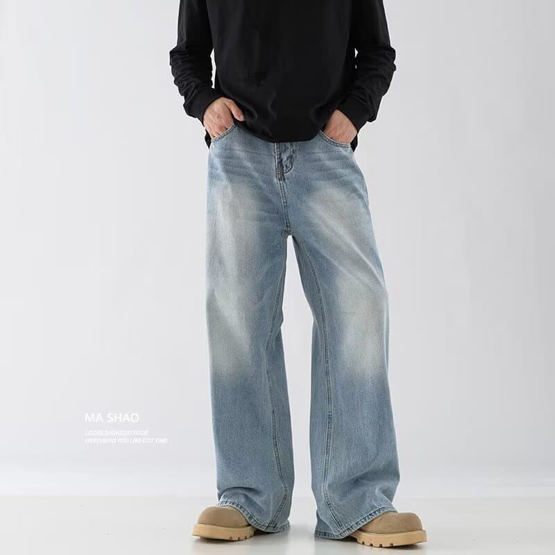 Light Blue Washed Clean Fit Straight-Leg Jeans for Men, Trendy Brand 2024 Winter American Wide-Leg Casual Pants