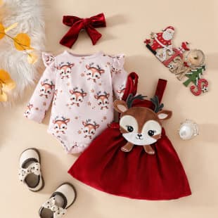 Baby Girl Christmas Suspender Skirt Set Long Sleeve Bodysuit Velvet Deer Applique Suspender Skirt Headband 3-Piece Set