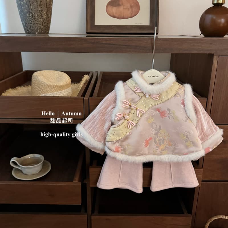 [Dessert Cheese] Lucky Koi! Girls' Chinese-Style Thickened New Year Velvet Greeting Outfit Embroidered Pants Set