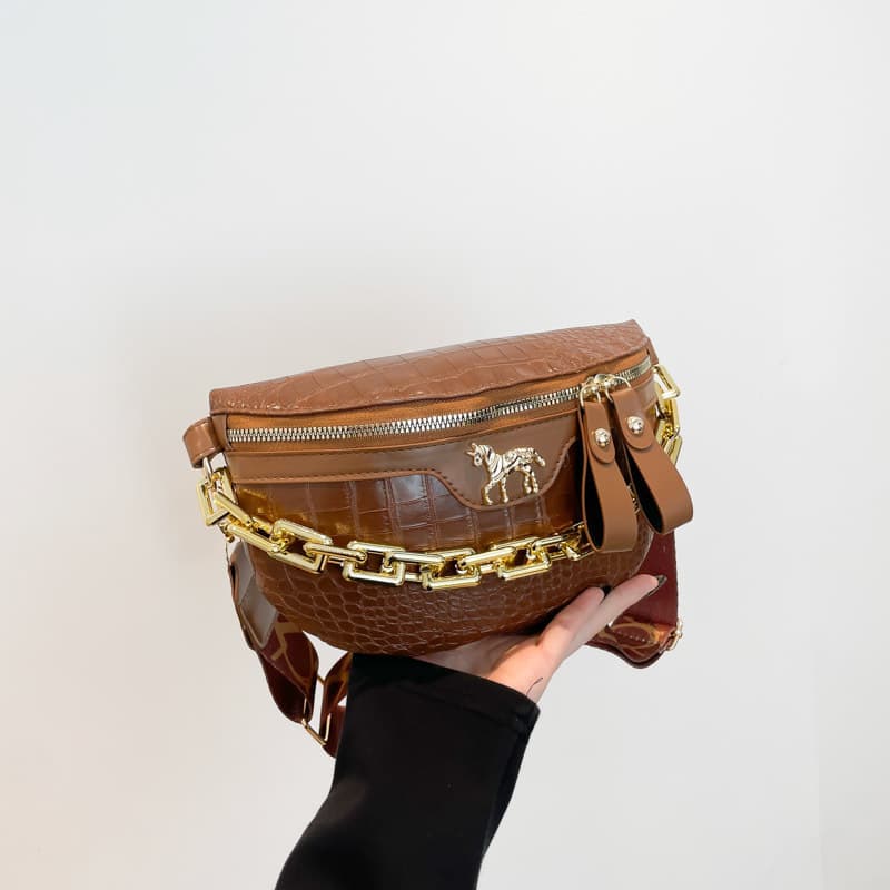 Women's Chest Bag 2025 New Trendy Crocodile Texture Shoulder Bag Chain Small Bag Waist Bag Wide Strap Crossbody Saddle Bag