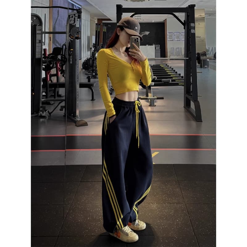 Plus Size Curvy MM Navy Blue Sweatpants for Women, Spring/Summer Thin, American Style Sweatpants Wide-Leg Casual High-Street Jazz Dance Pants