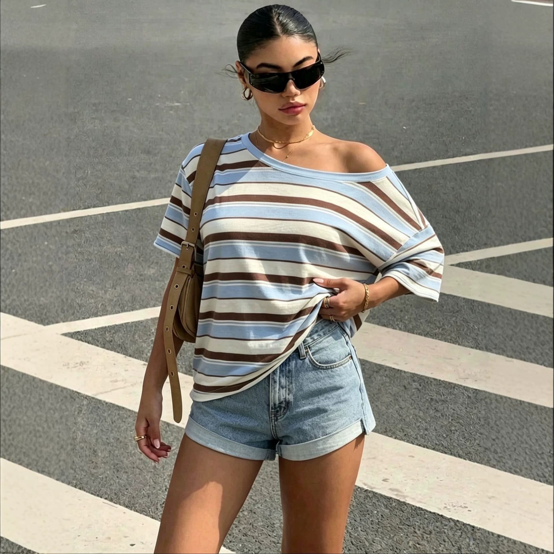 Cross-border European and American Off-Shoulder Striped Oversized Short Sleeve T-Shirt Women's American Retro Asymmetric Slanted Shoulder Slimming Top