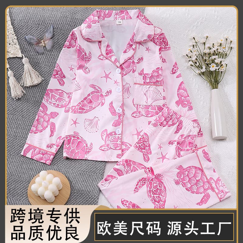 [European and American cross-border] Long-sleeved long pants girls home clothes foreign trade exclusive cartoon turtle print children's pajamas for women