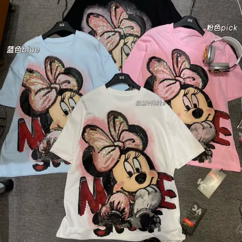 Cross-border Overseas YC Trendy Brand Washed Sequin Minnie Cartoon Cute Oversized Mid-length Loose Short-sleeve T-shirt for Women