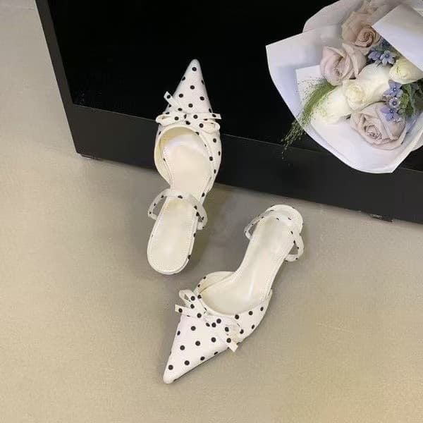 Pointed-Toe High Heel Sandals for Women, Summer One-Strap Bowknot, Chic Polka Dot Versatile Flat Sandals
