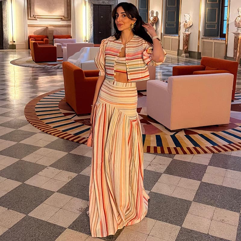 European and American Cross-Border Women's Clothing 2026 Autumn New Fashion Stylish Striped Vest Short Jacket Pleated Skirt Three-Piece Set