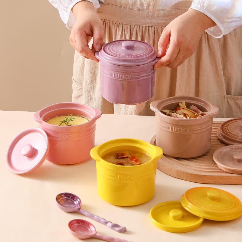 Household ceramic double-boiling stew pots with double lids, small for bird's nest, egg custard, desserts, and ginseng soup