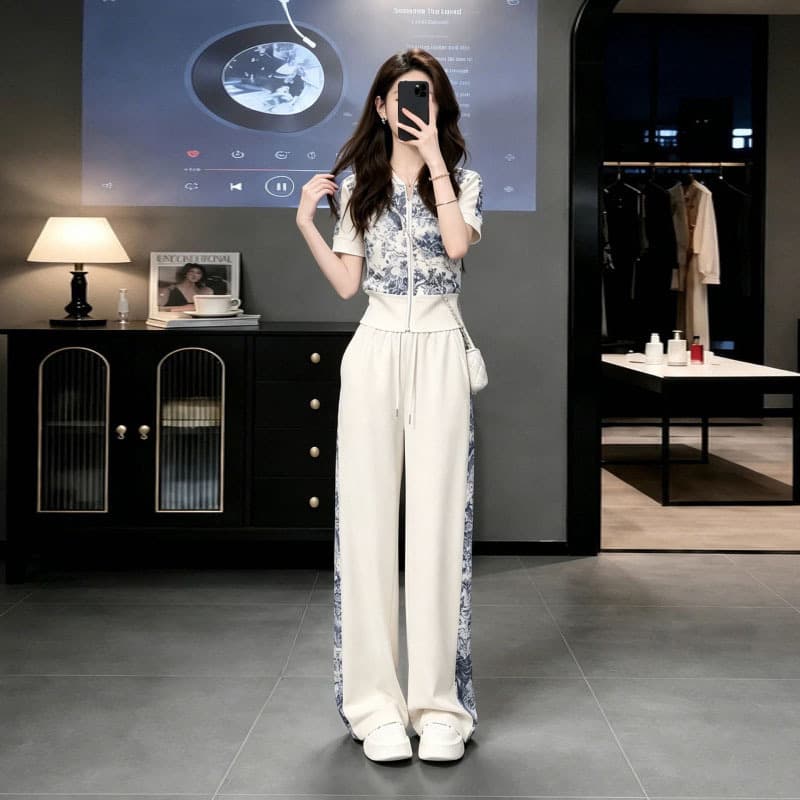 High-End Sportswear Set Women Summer 2026 New Korean Loose High Waist Printed Wide-Leg Pants Two-Piece Set Slimming