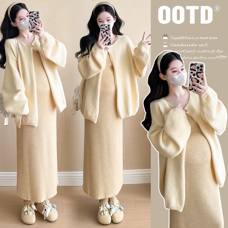 Maternity Clothes 2025 Autumn Winter New Korean Fashion 2-Piece Knitted Pregnant Women Dress