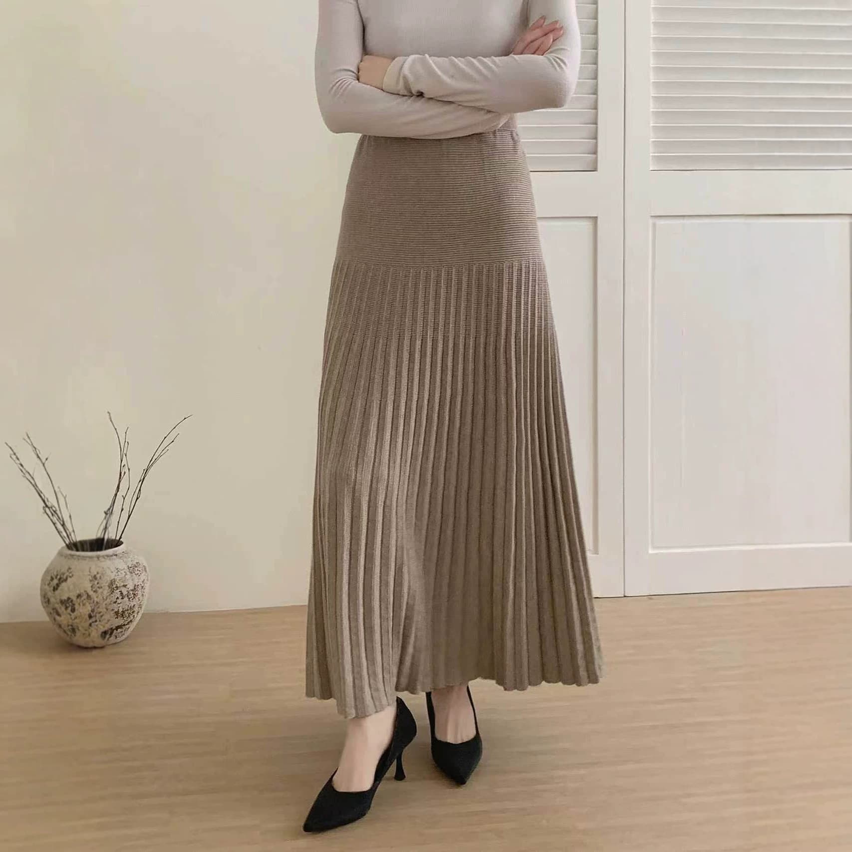 Vintage Pleated Midi Skirt for Women 2026 New Fall Winter Slim Fit Elastic Waist Full Pleated Skirt