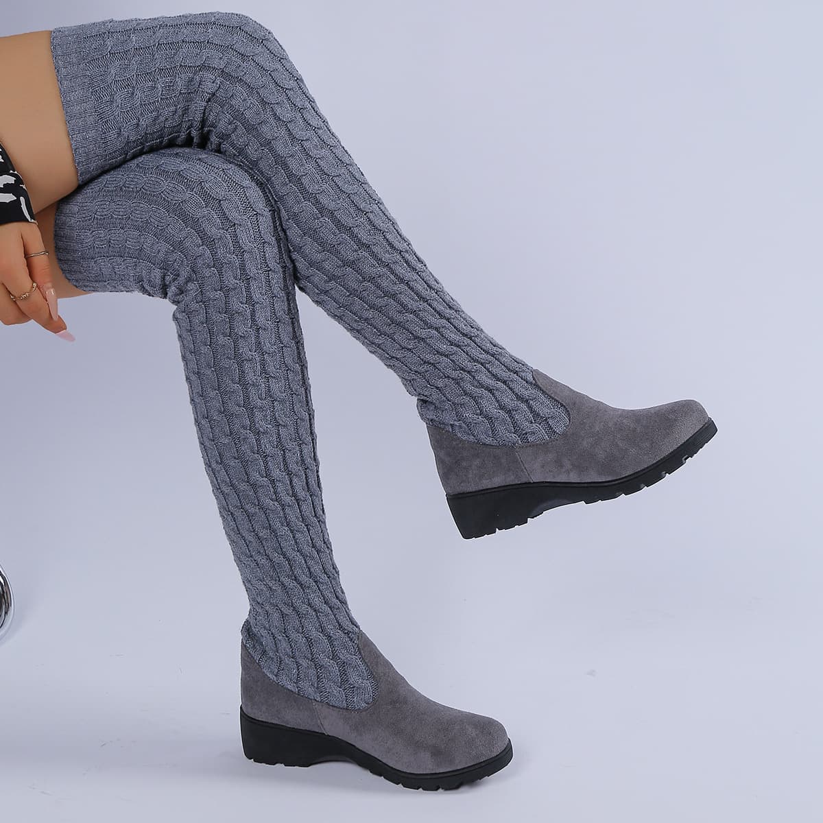 New Autumn Winter Large Size 41 Women's Boots, Knitted Wool High-Top Flat Over-the-Knee Stretch Martin Boots, Versatile Wedge Boots
