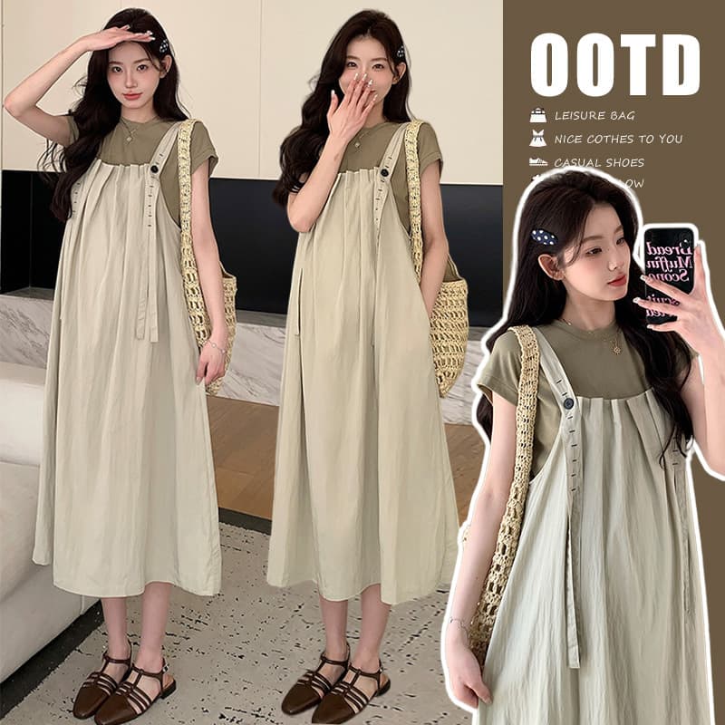 Maternity skirt, maternity wear, maternity suit, summer suit, new cotton Korean style short-sleeved T-shirt suspender skirt two-piece set