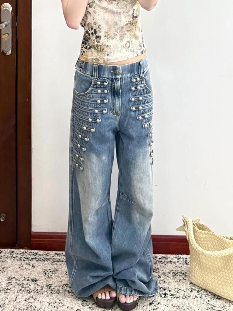 American Retro Plus Size Washed Distressed Metal Button Design Jeans for Women Street Straight Loose Wide Leg Long Pants