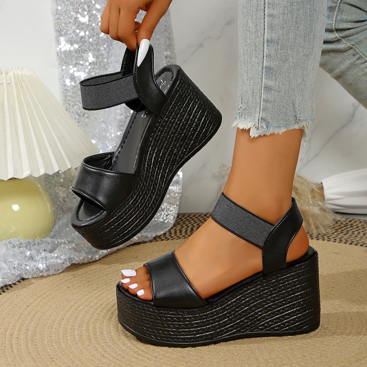 Cross-Border Women's Sandals Summer New Korean Fashion Roman Thick Heel Shoes Polyurethane Upgraded Version Breathable Casual