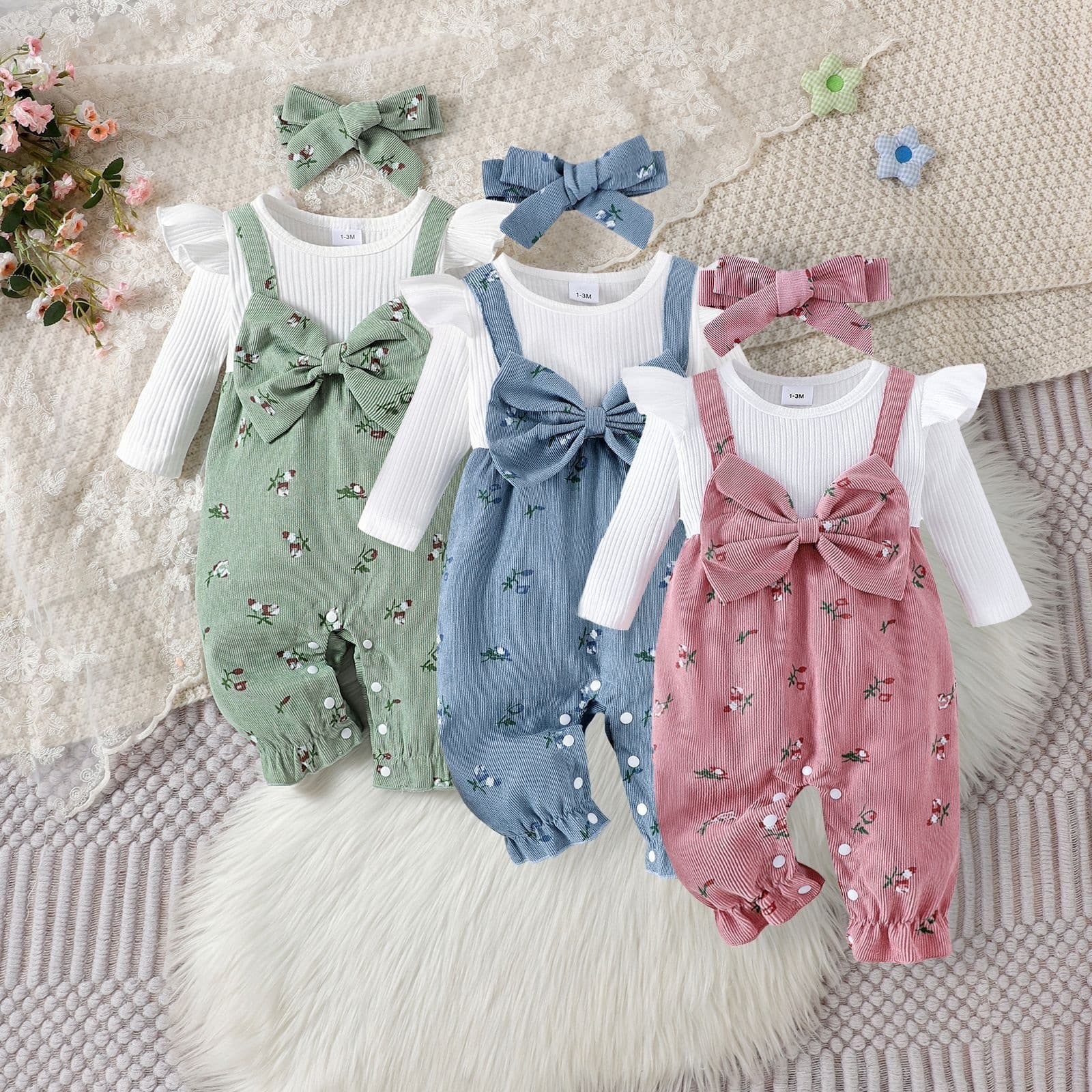 Amazon Europe/USA Headband Set of 3: Baby Girls' Ruffle Sleeve Overalls, Trendy Knit Bow Top for Fall/Winter