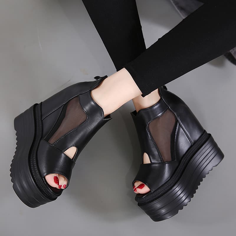 2025 Summer New Versatile 13CM Ultra High Heel Mesh Inner Height Increase Thick Sole Boot Sandals Wedge Heel Sandals for Women