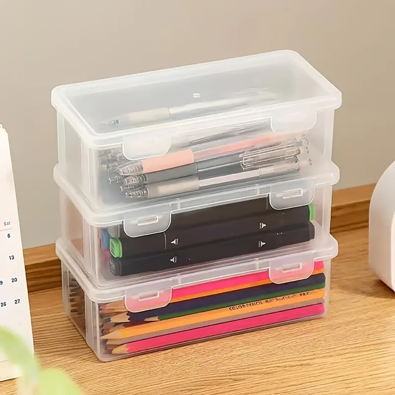 Desktop Storage Box, Fully Transparent Pencil and Marker Organizer, Office Desk Key and Misc Item Holder