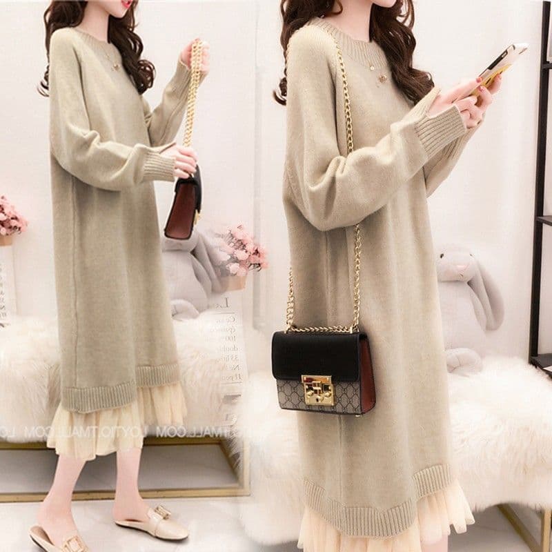 Maternity Autumn Outfit Fashion Style New Year Trendy Top Women's Chic Autumn-Winter Wear Plus-Size Sweater Dress