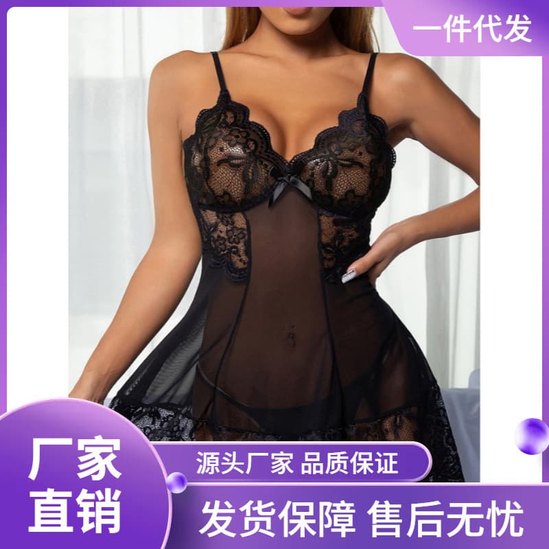 Foreign trade source, European and American new sexy hollow-out see-through printed lace camisole nightgown lingerie set, cross-border