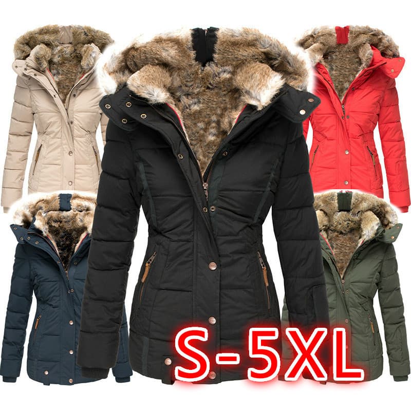 Amazon New Winter Warm Fur Collar Cotton Coat Women Zipper Long Sleeve Slimming Cotton Jacket Hooded Coat W128