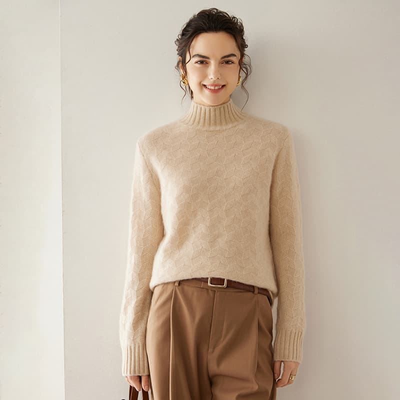 Cable Knit Half Turtleneck Cashmere Sweater for Women, Pullover Solid Color Long Sleeve Casual Top, Comfortable and Versatile Cashmere Base Layer