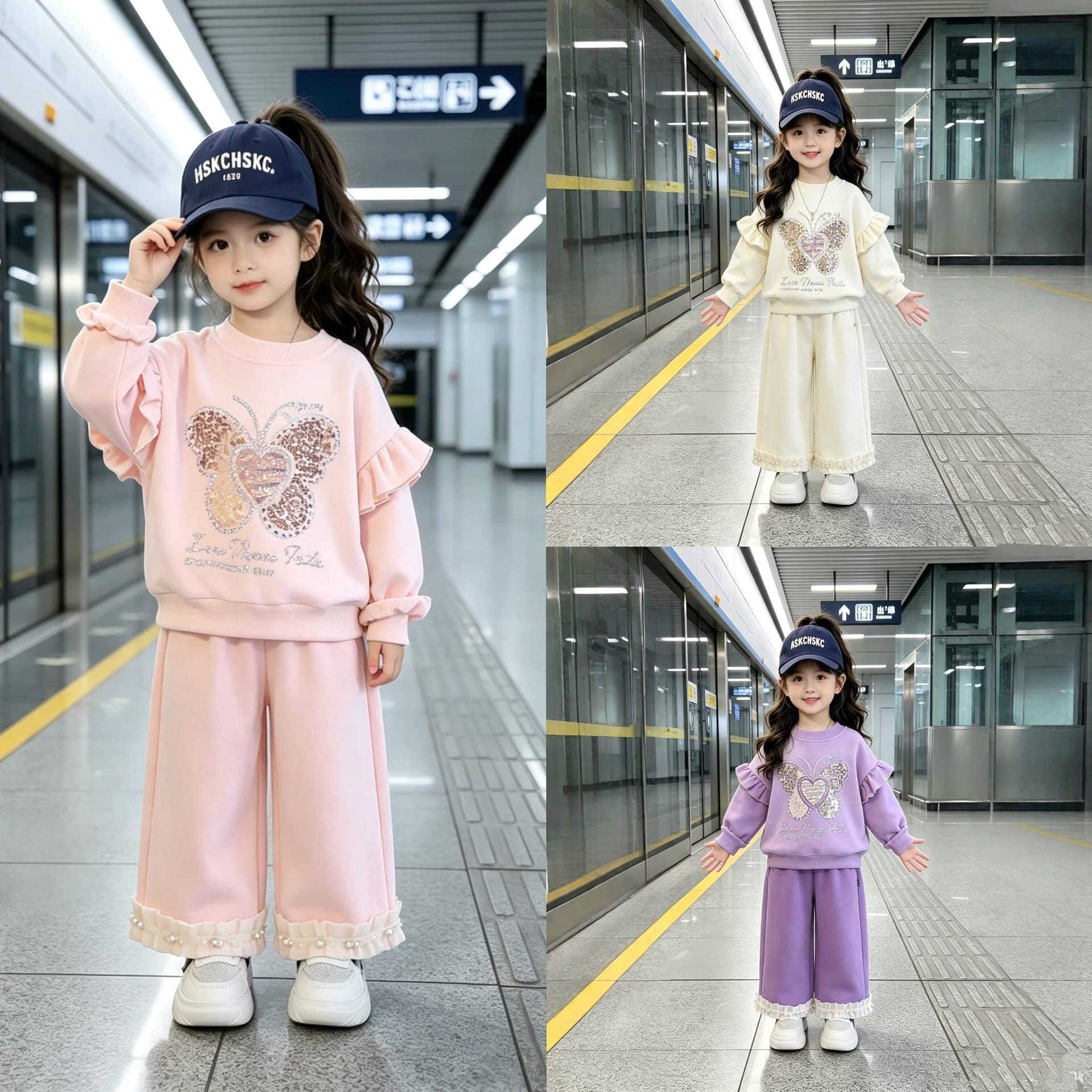 Girls' Autumn Set 2026 New Style Butterfly Rhinestone Sweatshirt with Lace Pearl Wide-Leg Pants, Two-Piece Outfit for Girls