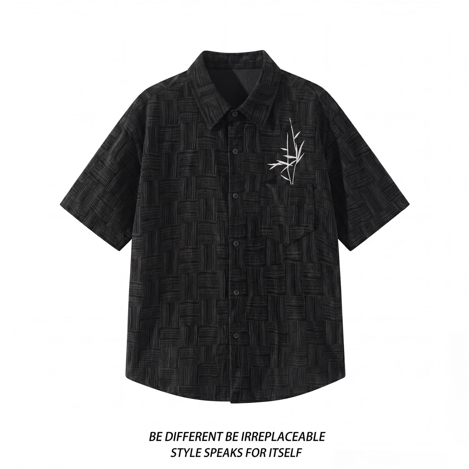 Dark pattern jacquard bamboo leaf embroidered lapel short sleeves NC26206-100% polyester fiber