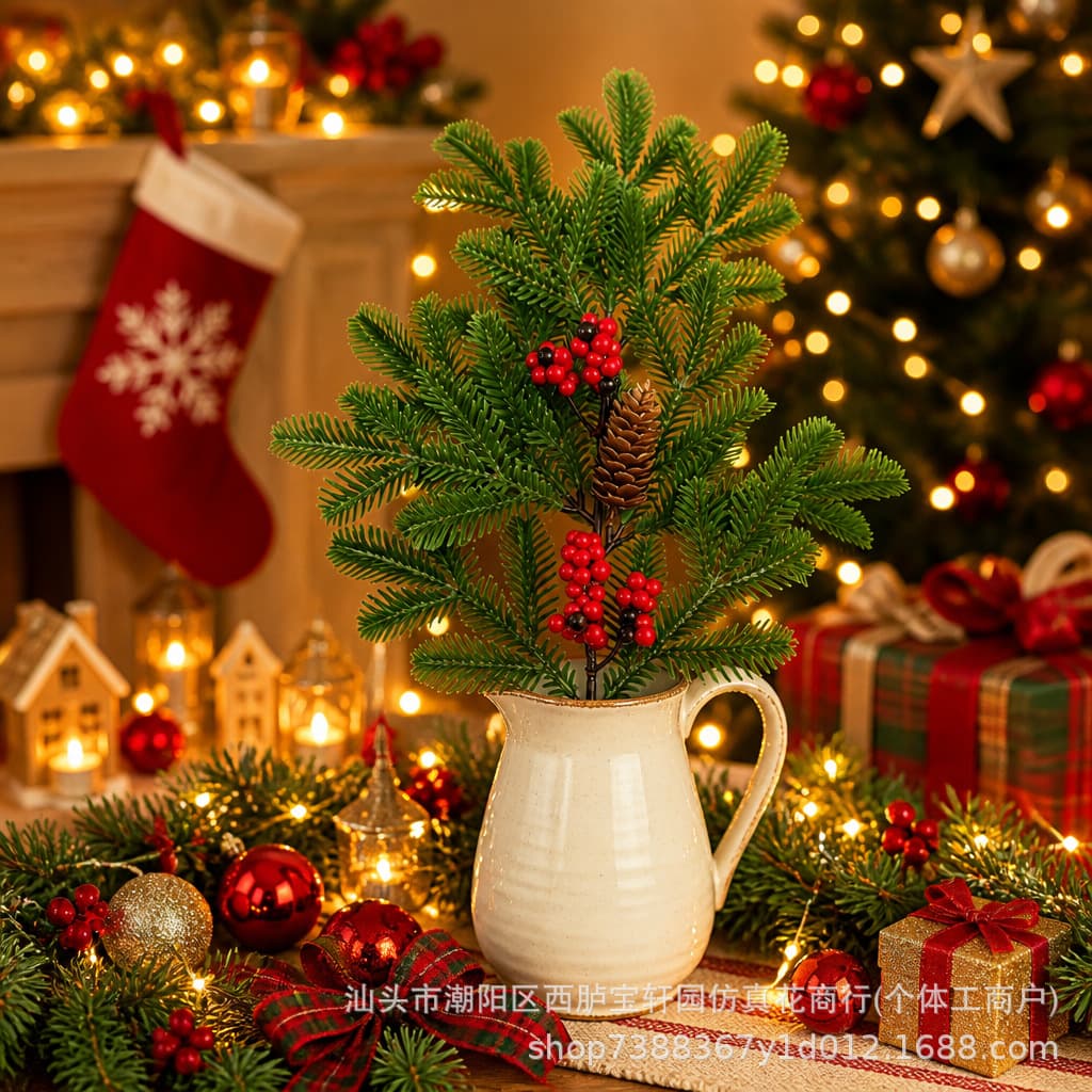 Temu Hot Selling Cross-Border Artificial Pine Branches with Red Berries Green Plant Combination Christmas Pine Needles Home Table Flower Arrangement Decoration