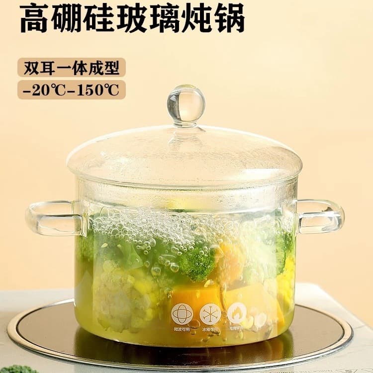 Wholesale Transparent Double-Handle Glass Instant Noodle Pot Double-Ear Milk Pot Thickened High-Temperature Resistant Stew Pot Large Capacity Soup Pot Health Pot