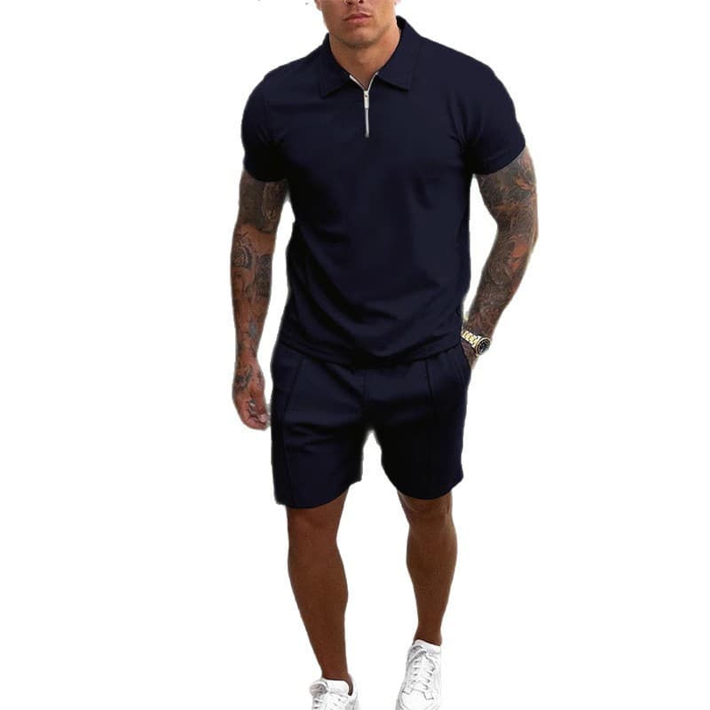 European and American Cross-border Amazon Men's Short Sleeve Set with Stand Collar Zipper Design, Fashionable Casual Shorts Set, Two-Piece Set