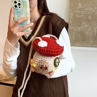 Hand Knitted Yarn Bag Kids Cute Mushroom Crossbody Bag Trendy Stylish Boys Girls Baby Outing Small Sling Bag