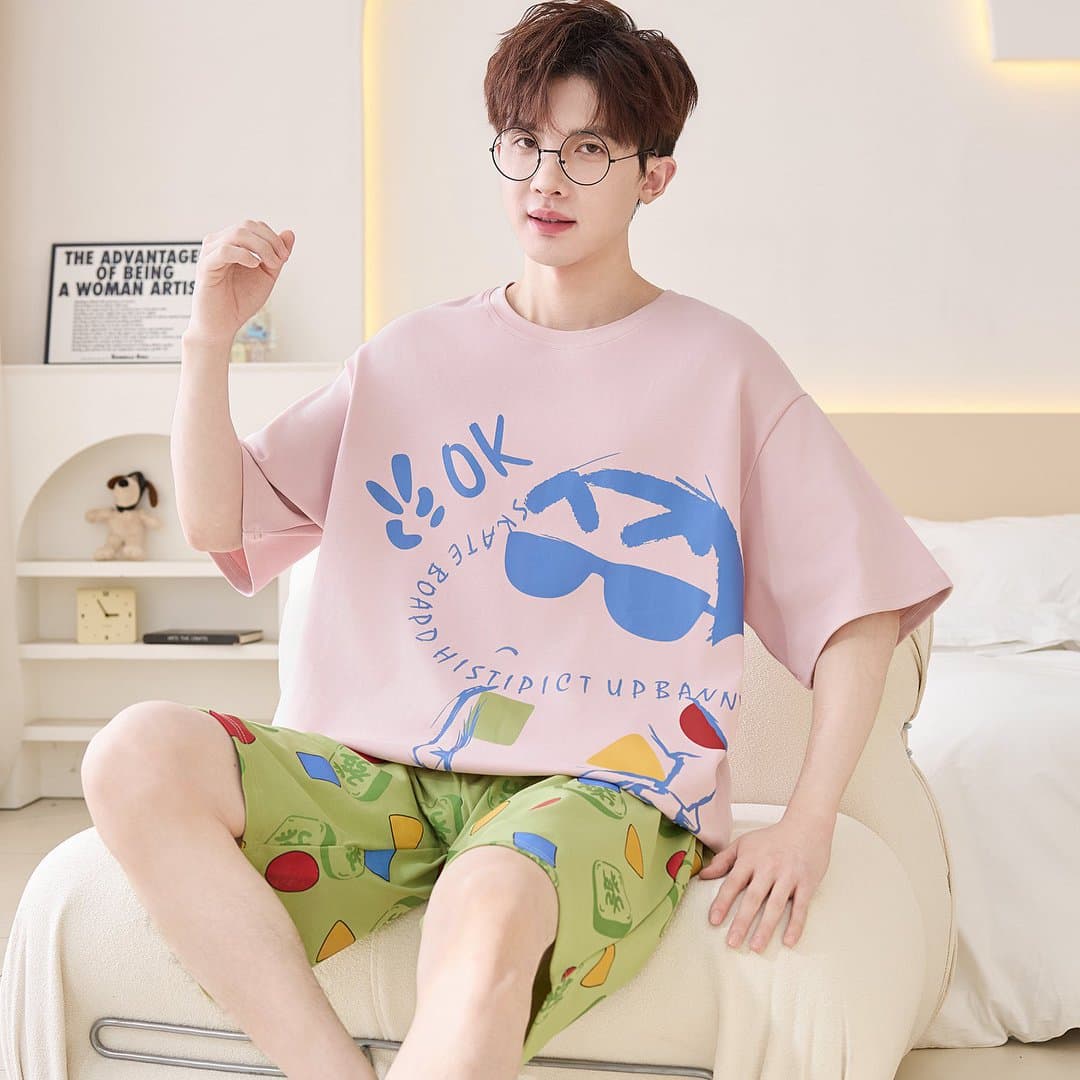 Cotton Pajama Set for Men Summer Pullover Short Sleeve Shorts Plus Size 200 lbs Cartoon Teenager Homewear Loungewear Set